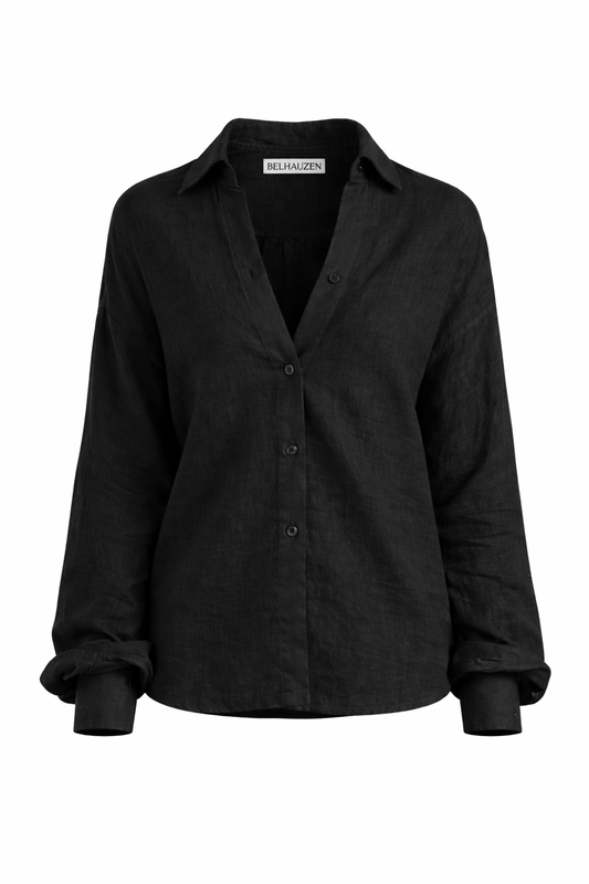 Classic Linen Button-Up Shirt - Black